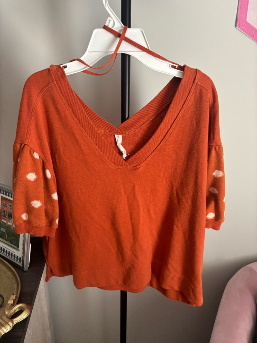Anthropologie V-Neck Polka Dot Sleeve Knit Top - Orange